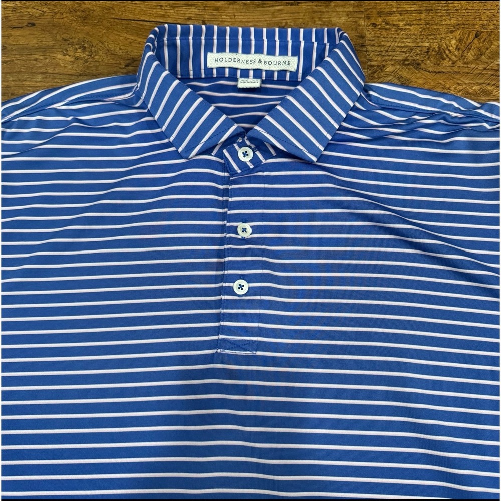 Holderness & Bourne Blue Striped Tailored Fit Performance Golf Polo Shirt Men XL